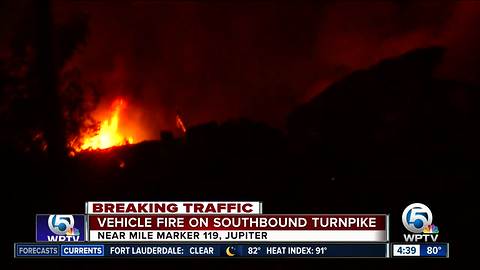 Semi catches fire overnight on Turnpike southbound near Jupiter