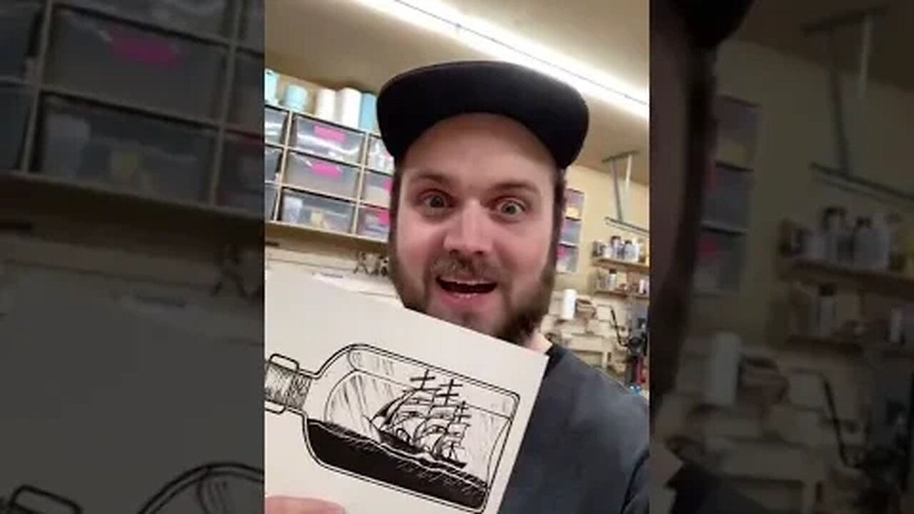 Linocut a Ship in a Bottle