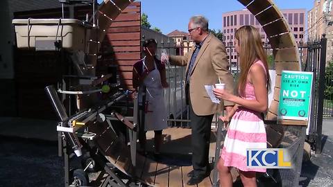 Giant human hamster wheel creates snow cones