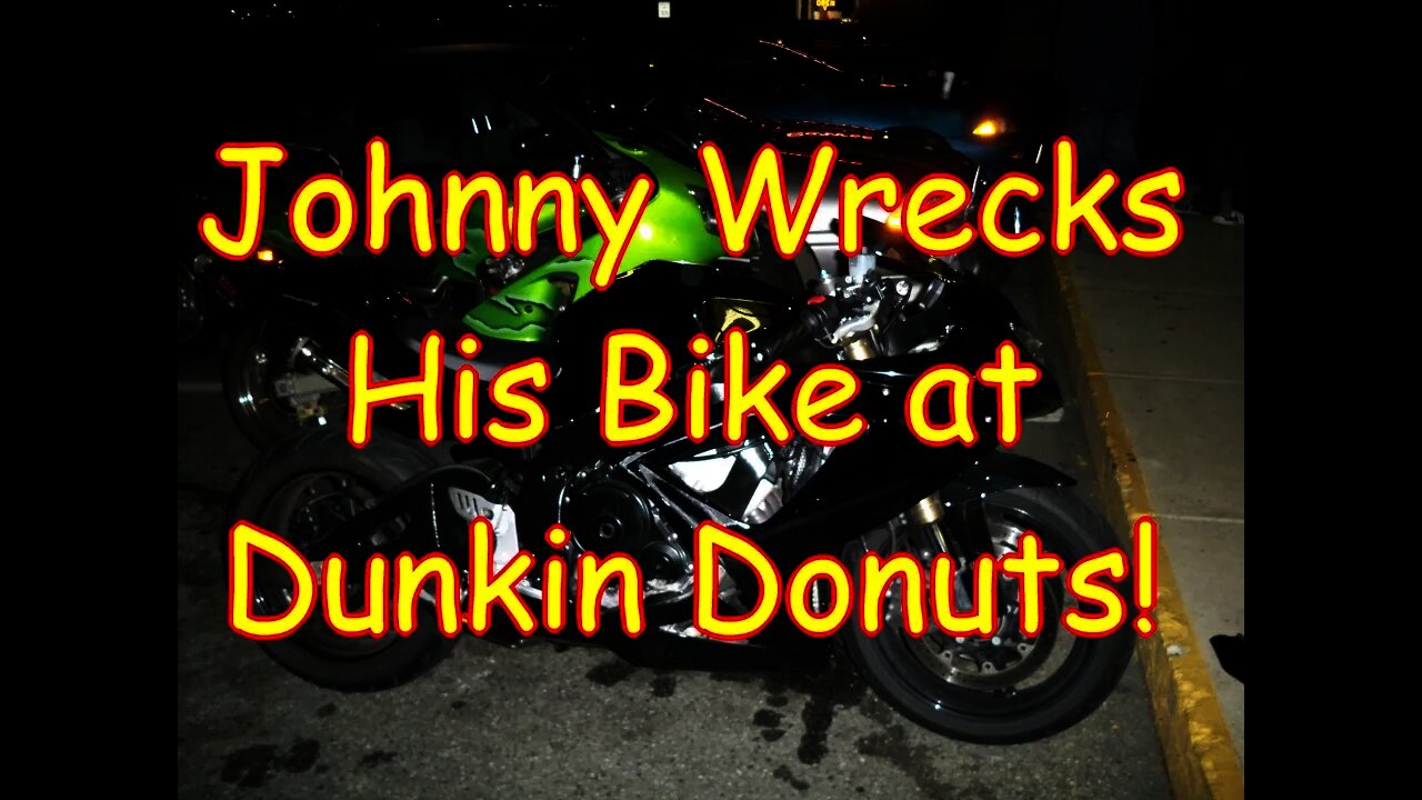 Johnny wrecks his new bike. Spins out and does a donut (not on camera)