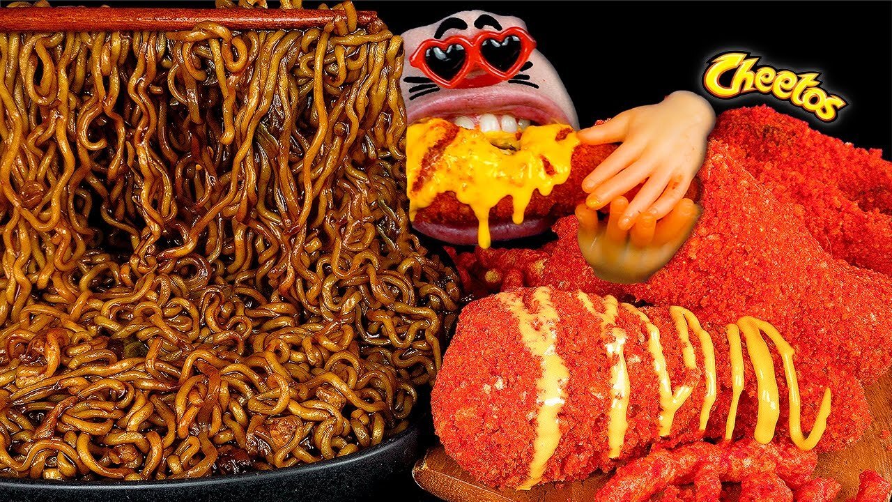 ASMR MUKBANG Cheetos Cheese Chicken & Black Bean Noodles EATING SHOW (4K)