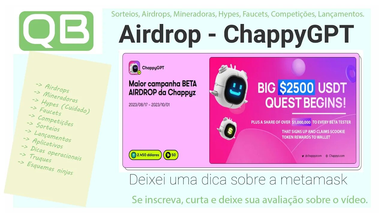 CanalQb - Airdrop - Chappyz - US$ 1 MILHÃO de tokens e USDT em prêmios! - Finaliza 01/10/2023