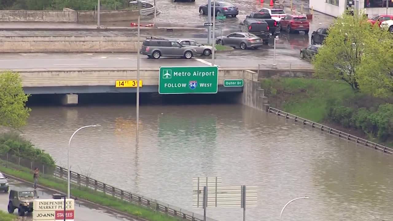 Flood waters rise nearly 14 feet on Southfield Freeway under Outer Dr. in Dearborn