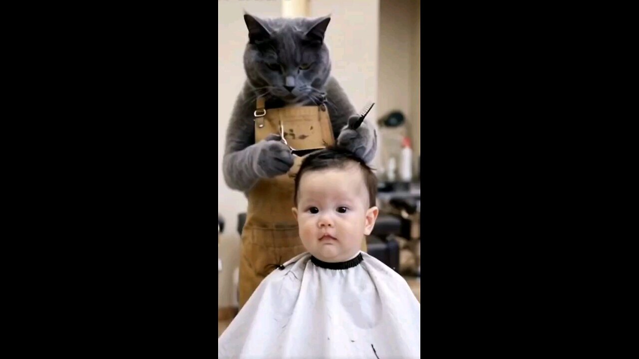 A cat styling a child's hair