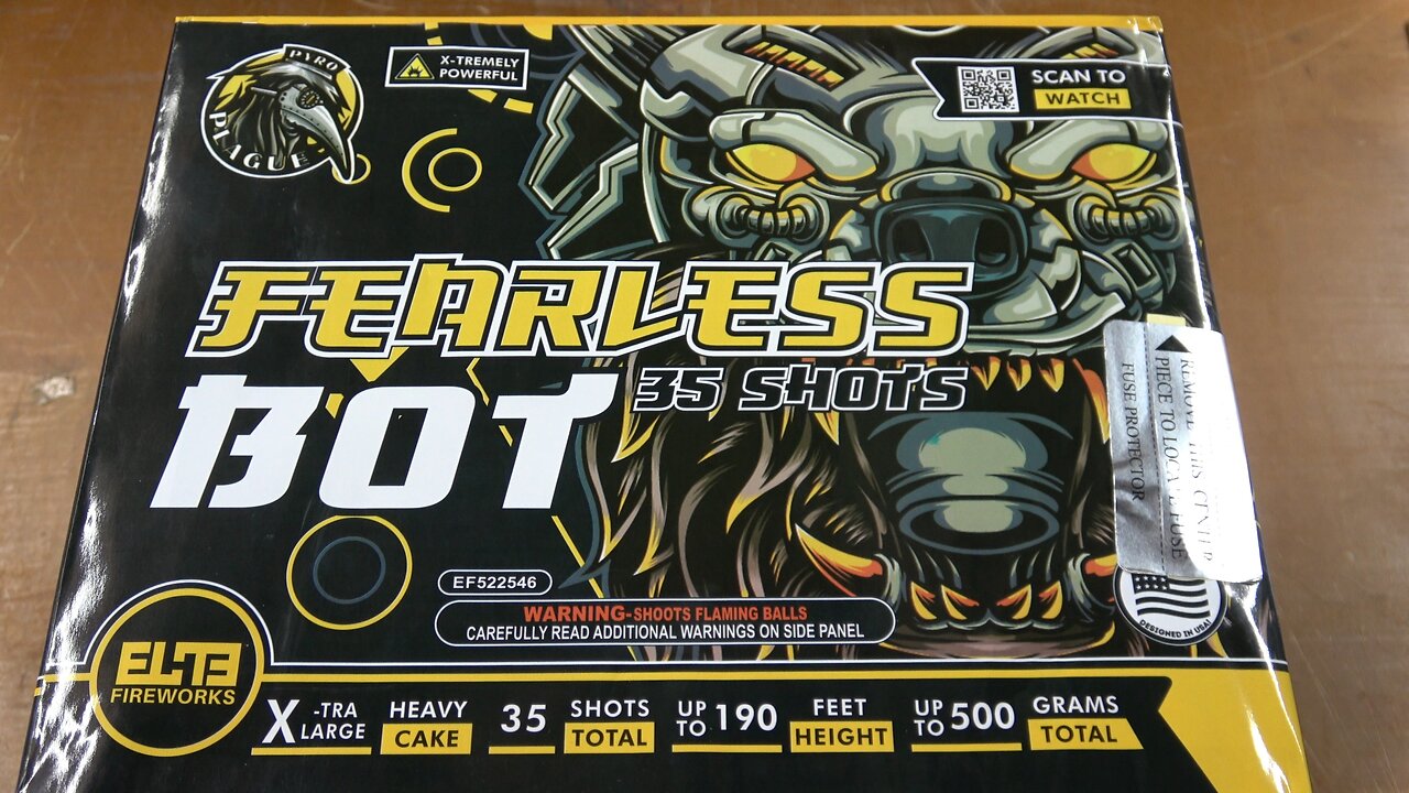 Fearless Bot 35 shot 500g cake by Elite Fireworks under their Pyro Plague Brand