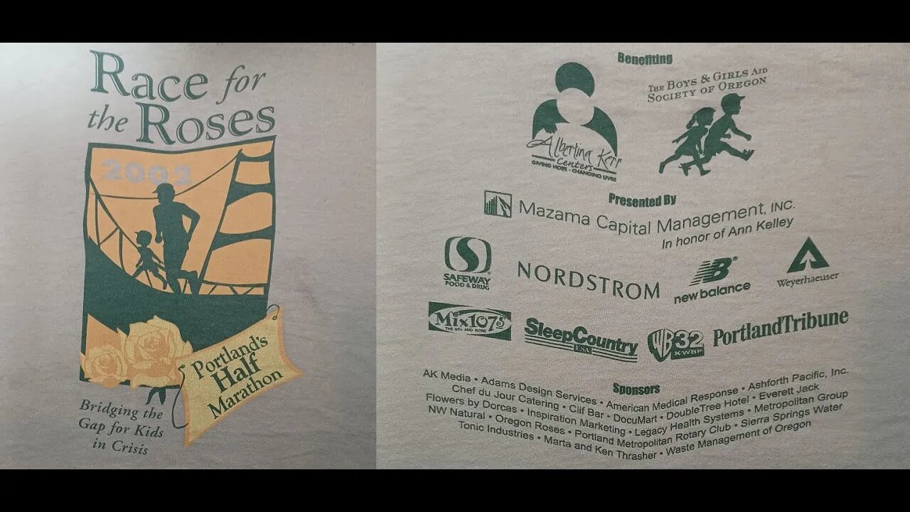 MEDIA: Race for the Roses 2002 Shirt, Portland's Half Marathon. Bridging the Gap for Kids in Crisis