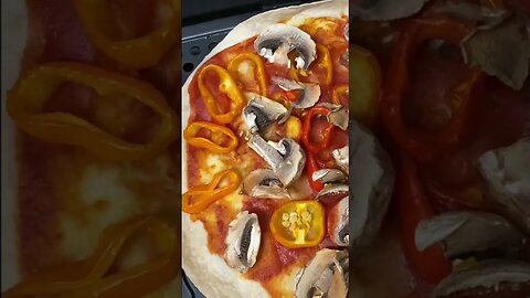 Tortilla Pizzas Coming Out of the Air Fryer ( Plant Based with Mushrooms 🍄 and 🫑 Bell Peppers)