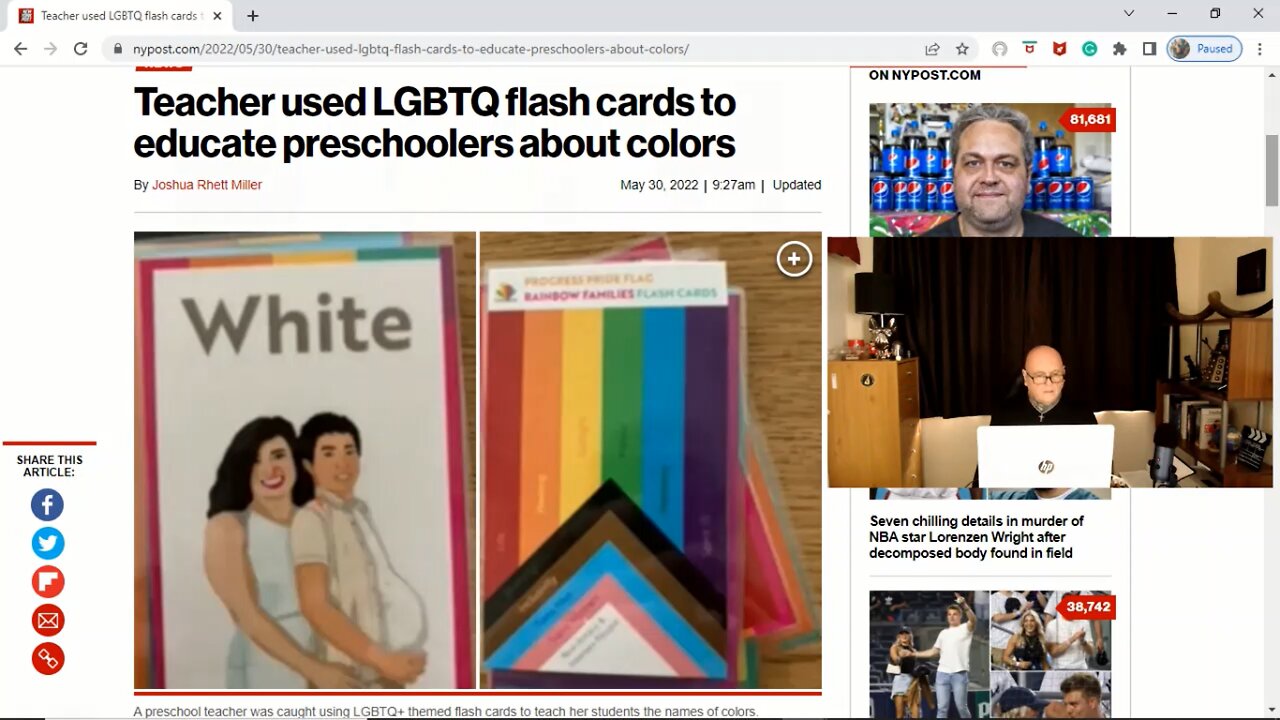 Teaching children about colors using LGBTQ flashcards and a depiction of a pregnant male.