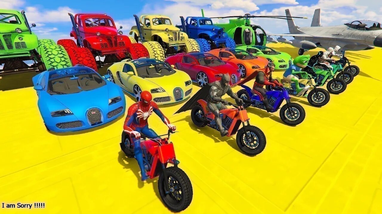 GTA V Mega Ramp On Bikes, Fighter Jets & Boats By Monster Trucks , Cars Spider man Racing Challenge