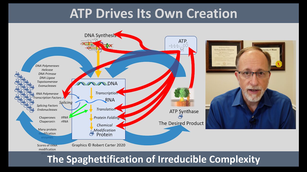 The spaghettification of irreducible complexity: ATP drives its own creation