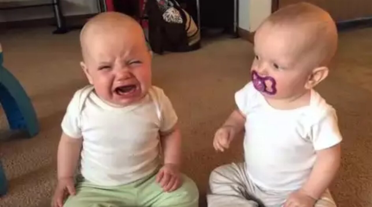 Twin baby girls fight over a pacifier