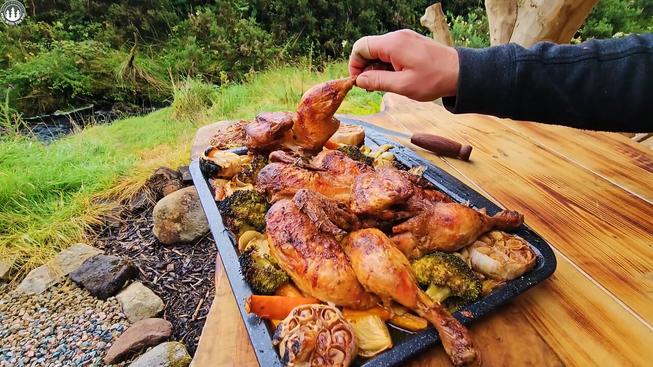 The juiciest CHICKEN ever, cooked in our outdoor HUT (ASMR, CAMPING. CHICKEN RECIPE)