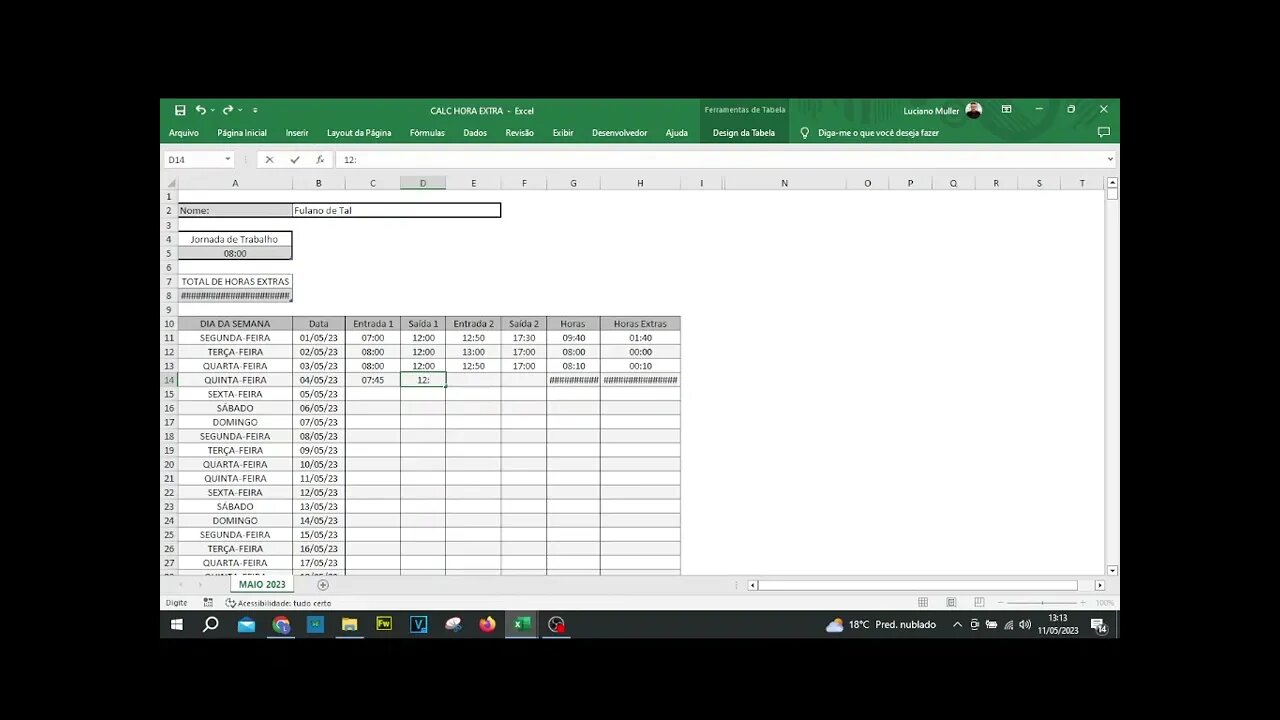 Calculadora de horas extras no excell