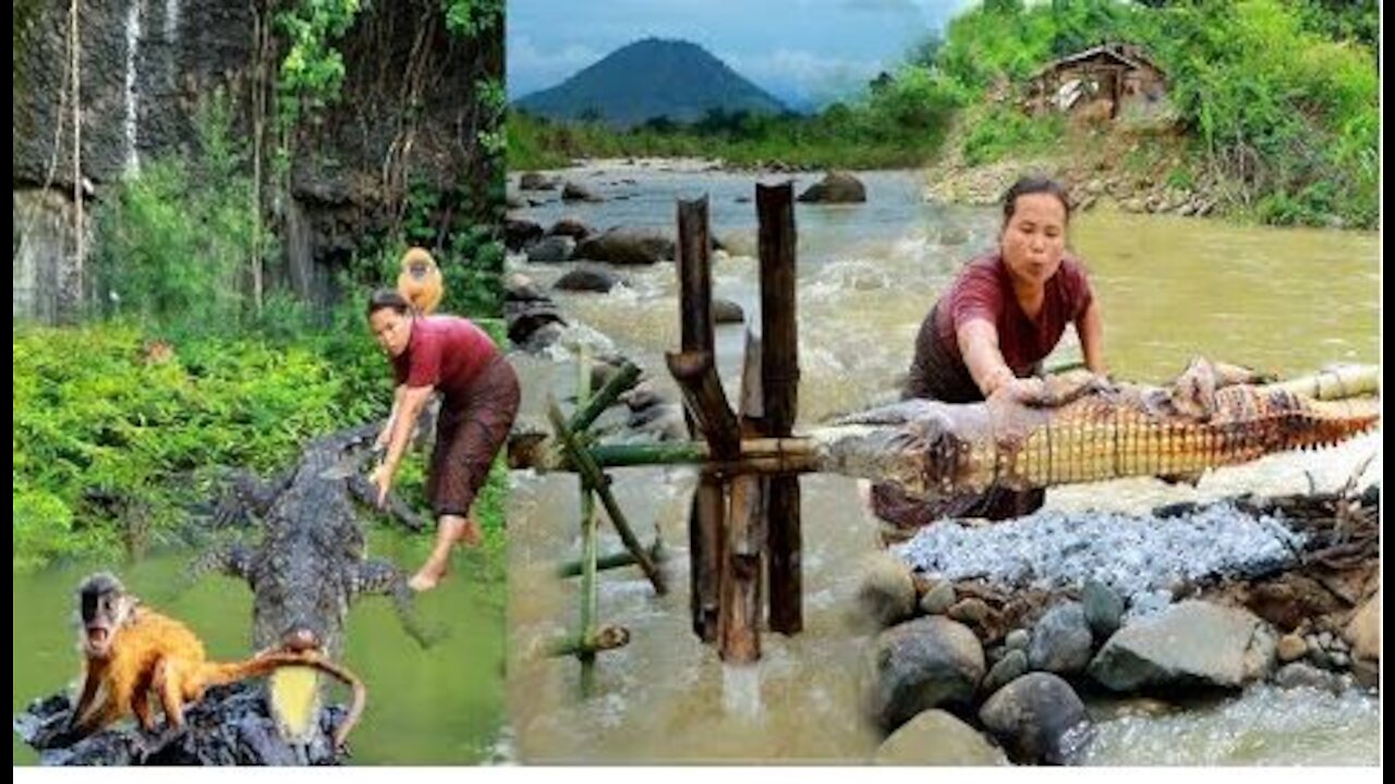 woman helped monkey and cook a crocodile -Eating delicious HD