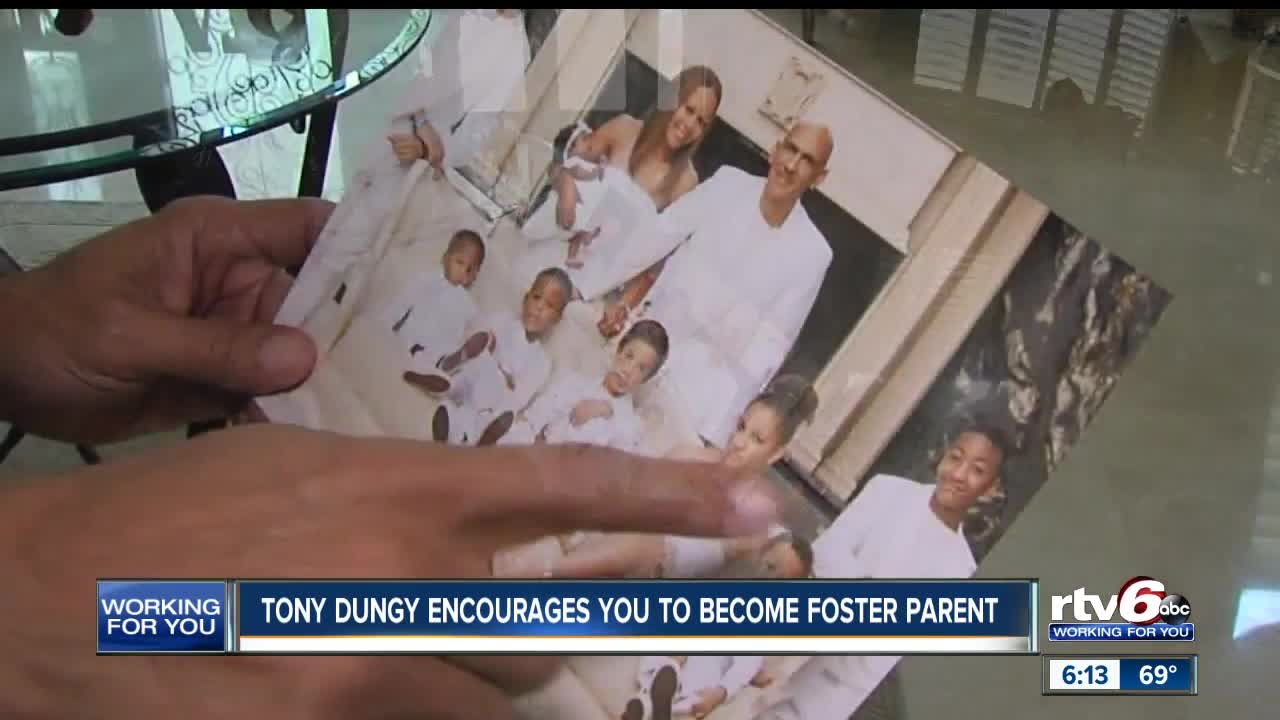 Former Colts coach Tony Dungy returns to Indiana to raise awareness about the foster parent need