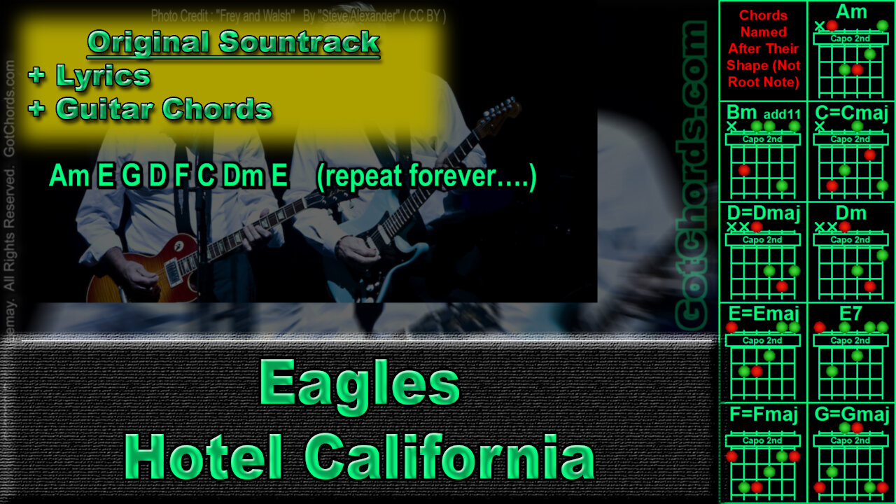 Eagles - Hotel California - Original Song - Lyrics + Guitar Chords (0026-A020)