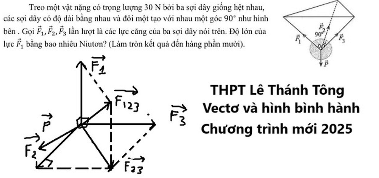 THPT Lê Thánh Tông: Treo một vật nặng có trọng lượng 30 N bởi ba sợi dây giống hệt nhau, các sợi