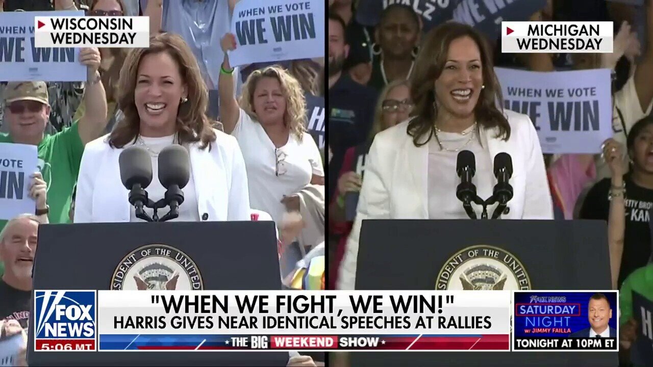 Kamala Harris Gives Near Identical Speeches At Separate Rallies