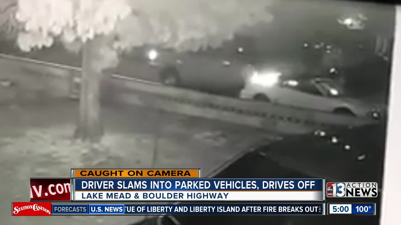 Driver slams into parked vehicles, drives off
