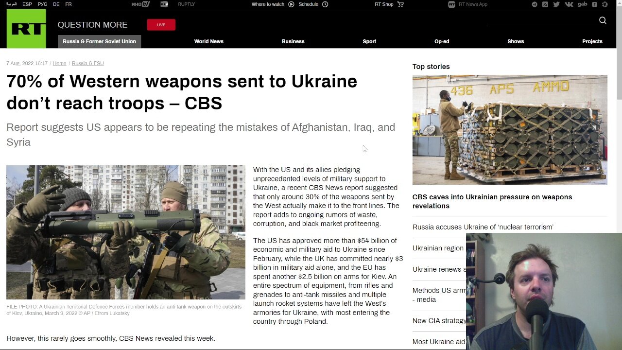 CBS reports that 70% of weapons entering Ukraine don't reach troops