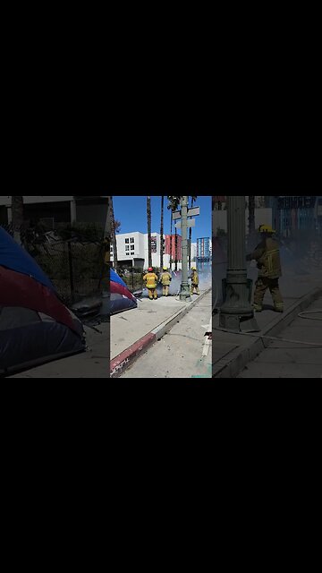 "Police and firefighters responded to a fire at a tent/makeshift shelter on Spring St.