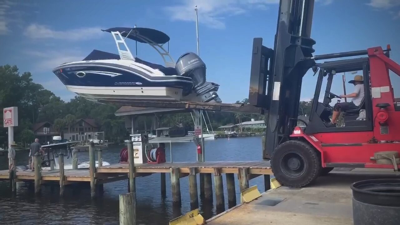 Blasian Babies Family 2019 Chaparal 210 SunCoast Bowrider Boat On NFYS Forklift Heading To Fuel Dock