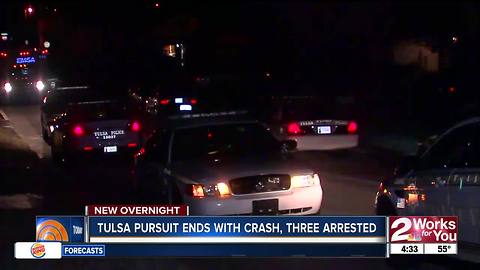 Three arrested after pursuit ends with crash in Tulsa