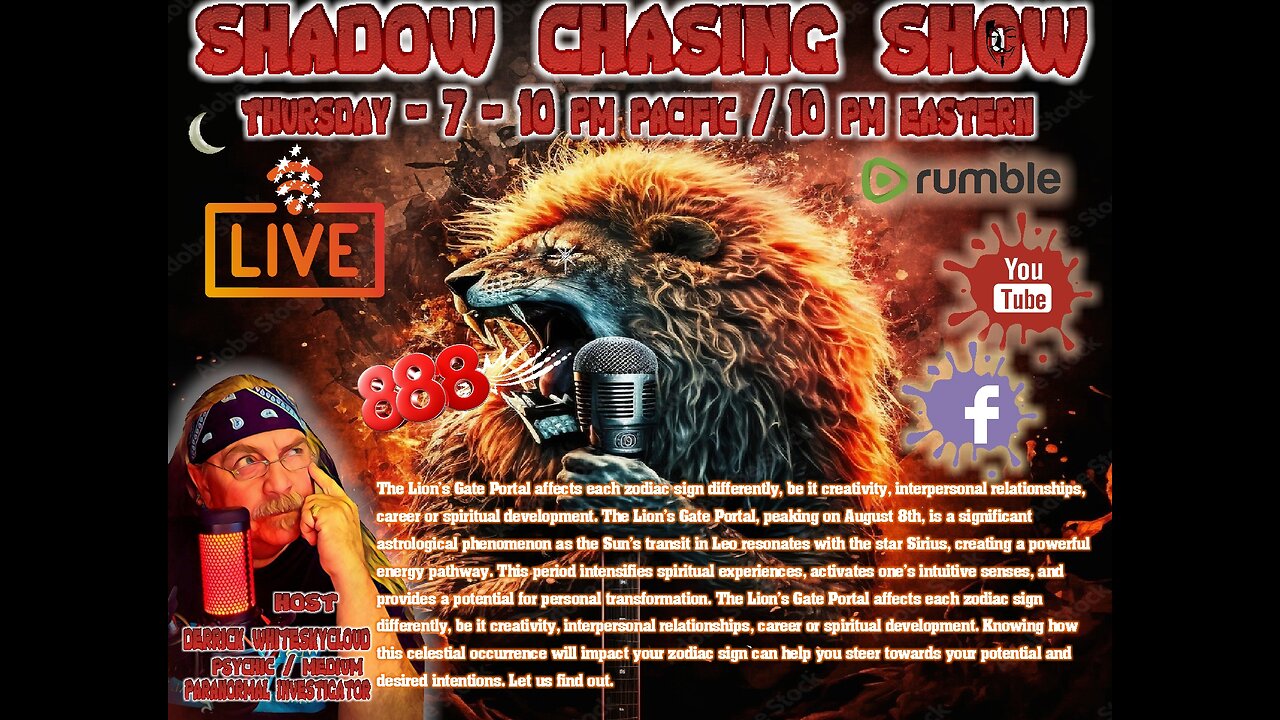 SHADOW CHASING SHOW LIONS GATE PORTAL 8-8-8 -2024 with Derrick Whiteskycloud