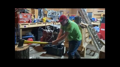 Tim cutting a tree stump