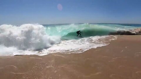Surfing and Skimboarding WEDGE on massive HIGH TIDE