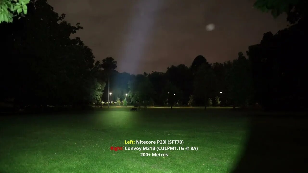 POWERFUL Flashlight Beamshot Comparison: Nitecore P23i (SFT70) vs Convoy M21B (CULPM1.TG)