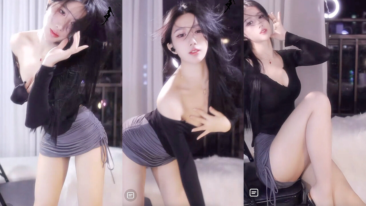 Provocative dance streamer in tight mini skirt arches back, sways hips, and lifts thigh with alluring poses