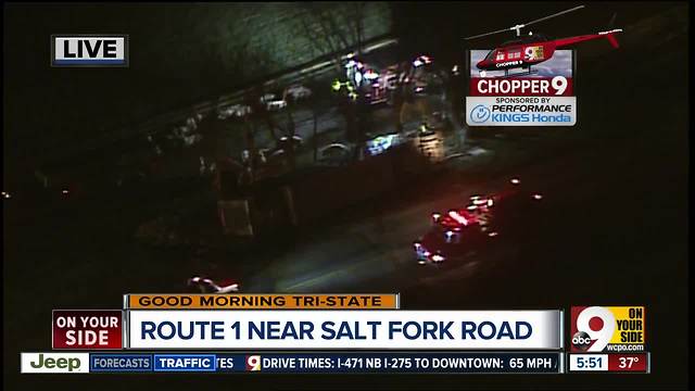 Aerial look at overturned semi with loose pigs near Lawrenceburg, Indiana