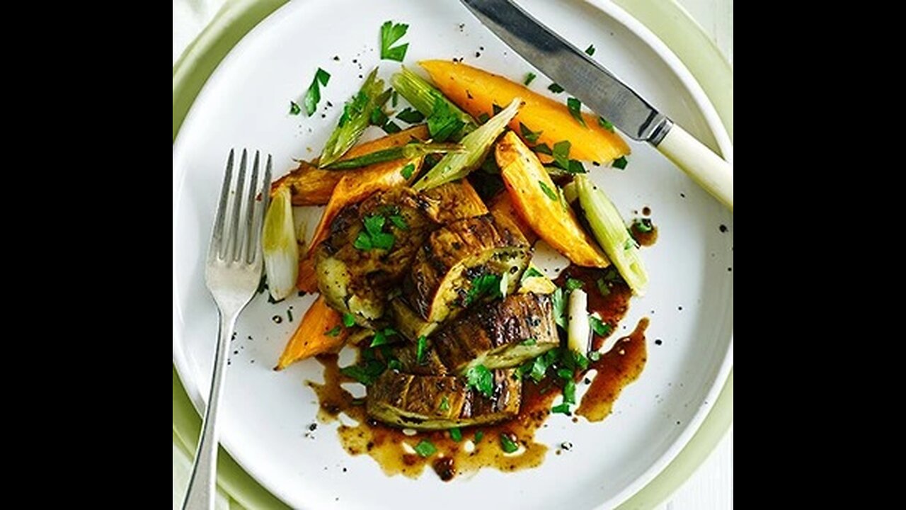 Miso-roasted aubergine steaks with sweet potato