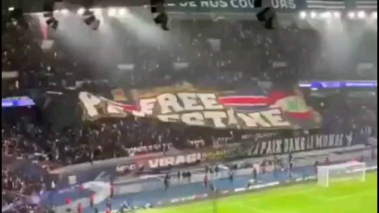 PSG ultras unveiled a MASSIVE “Free Palestine” banner ahead of da Champions League game in Paris.