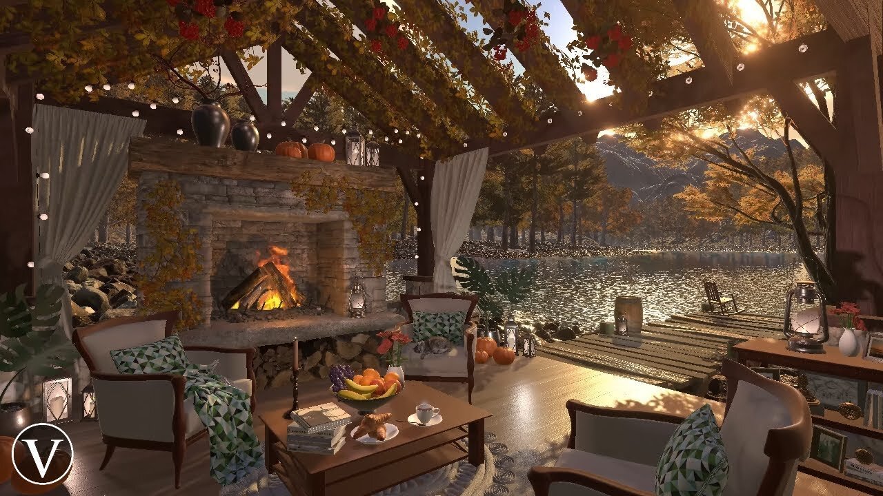 Autumn Terrace Sunset Ambience | Lake, Firepit & Forest Nature Sounds