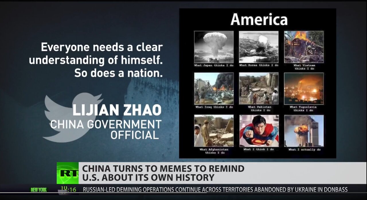 La Cina ricorda agli USA la propria storia usando i meme.Zhao Lijian,ha postato su Twitter un meme che evidenzia la storia degli interventi statunitensi nel mondo dopo la visita di Pelosi a Taiwan