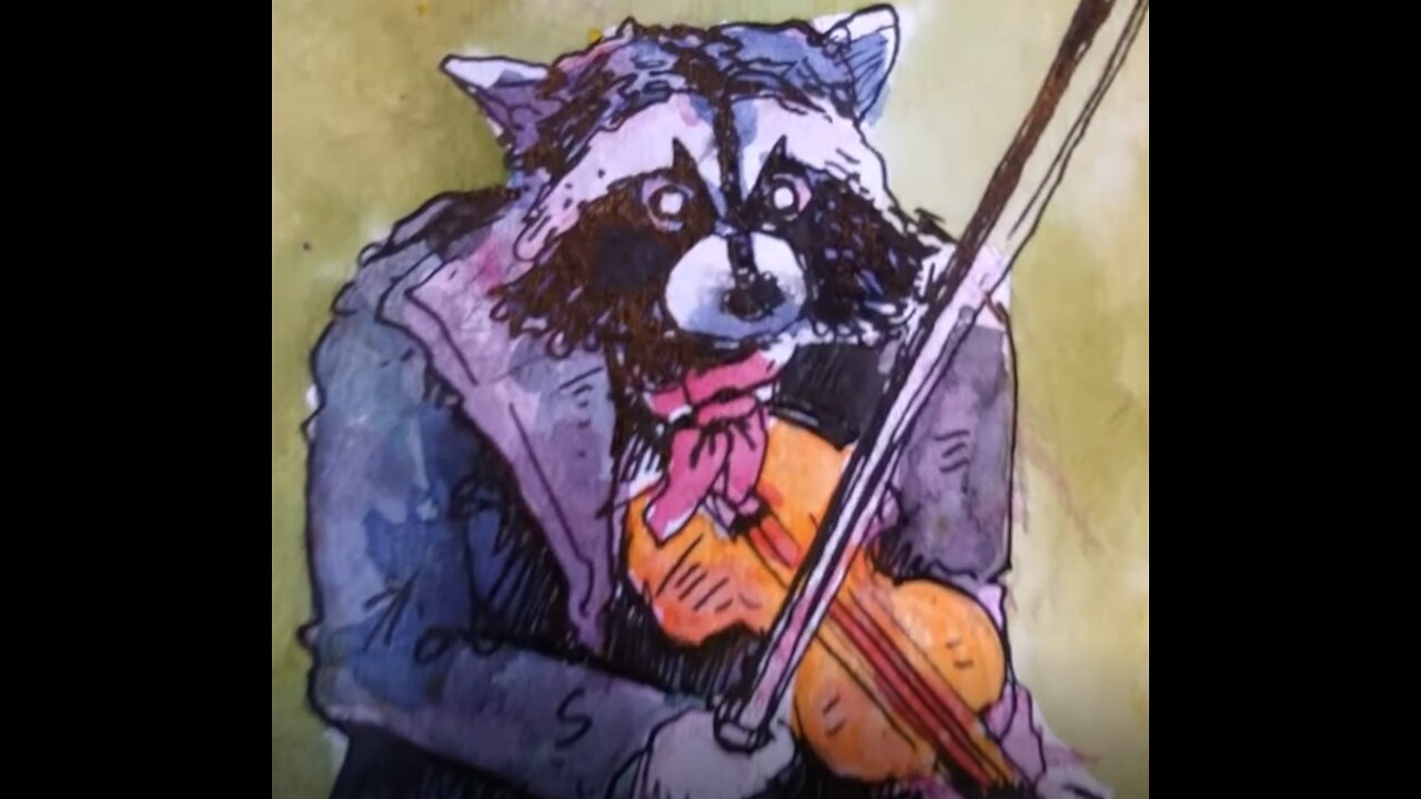 Drawing a raccoon with a fiddle in the forest