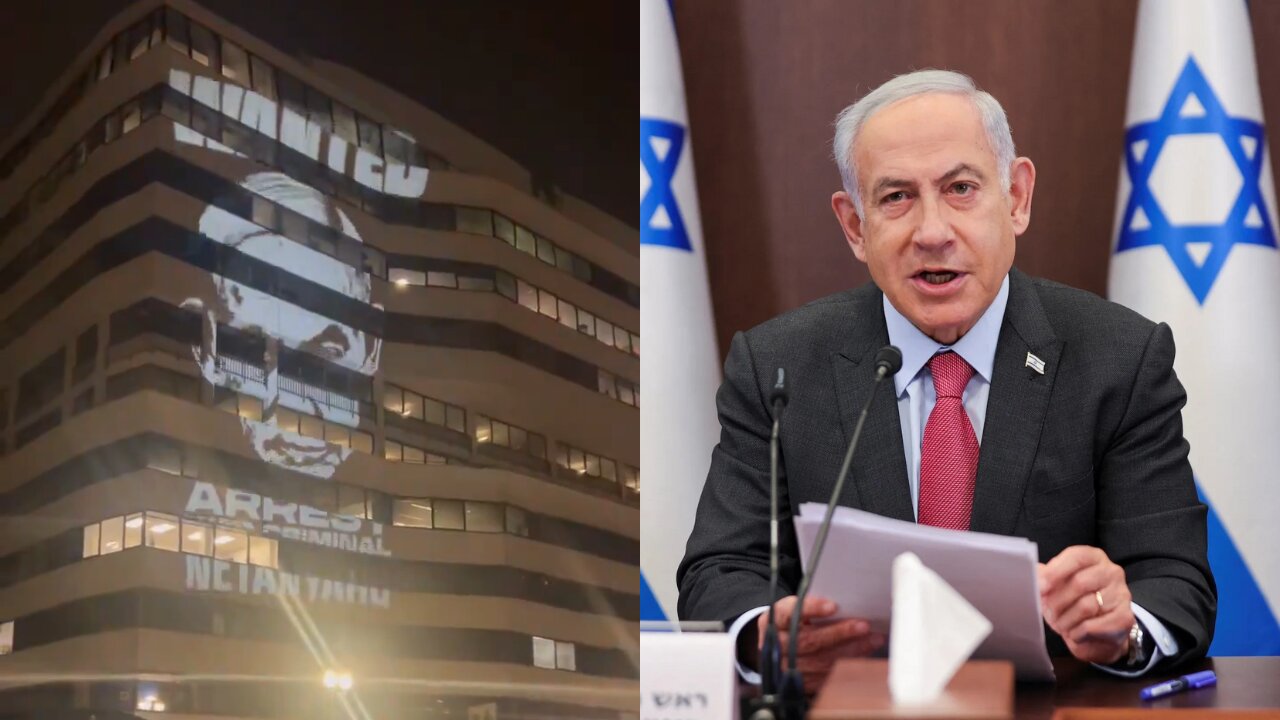 "WANTED, ARREST NETANYAHU" Projected on Benjamin Netanyahu's Hotel Room in Washington, D.C.