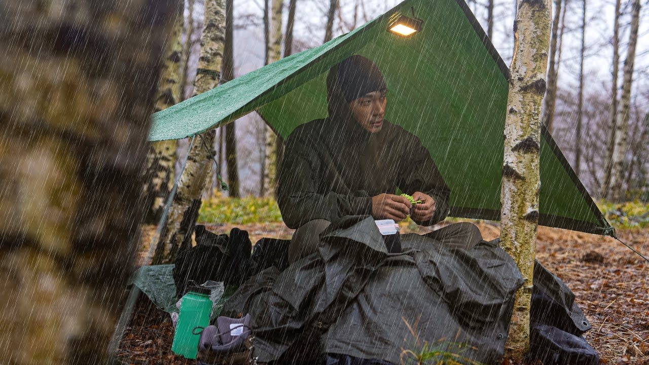 A night without a tent in a windy birch forest [Rainy day solo camp ASMR]