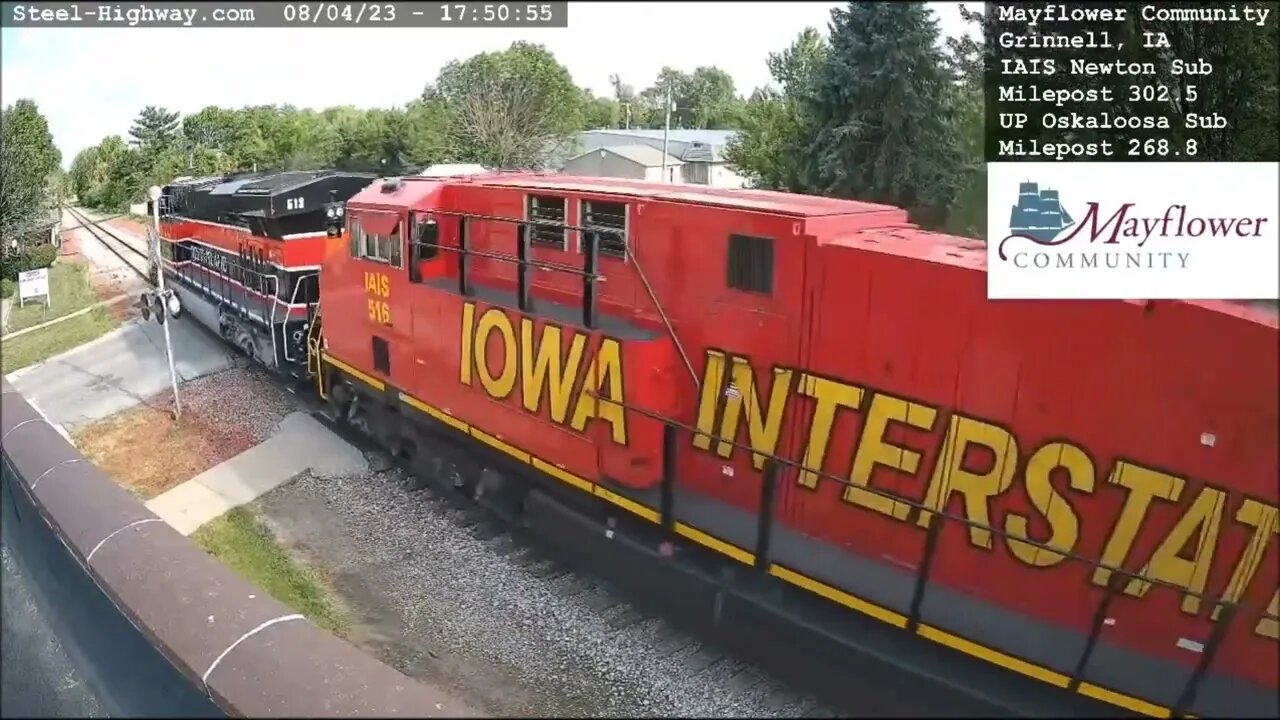 NB UP Local and EB IAIS Manifest with IAIS 513, 516 and NS Highhood at Grinnell, IA on August 4, 202