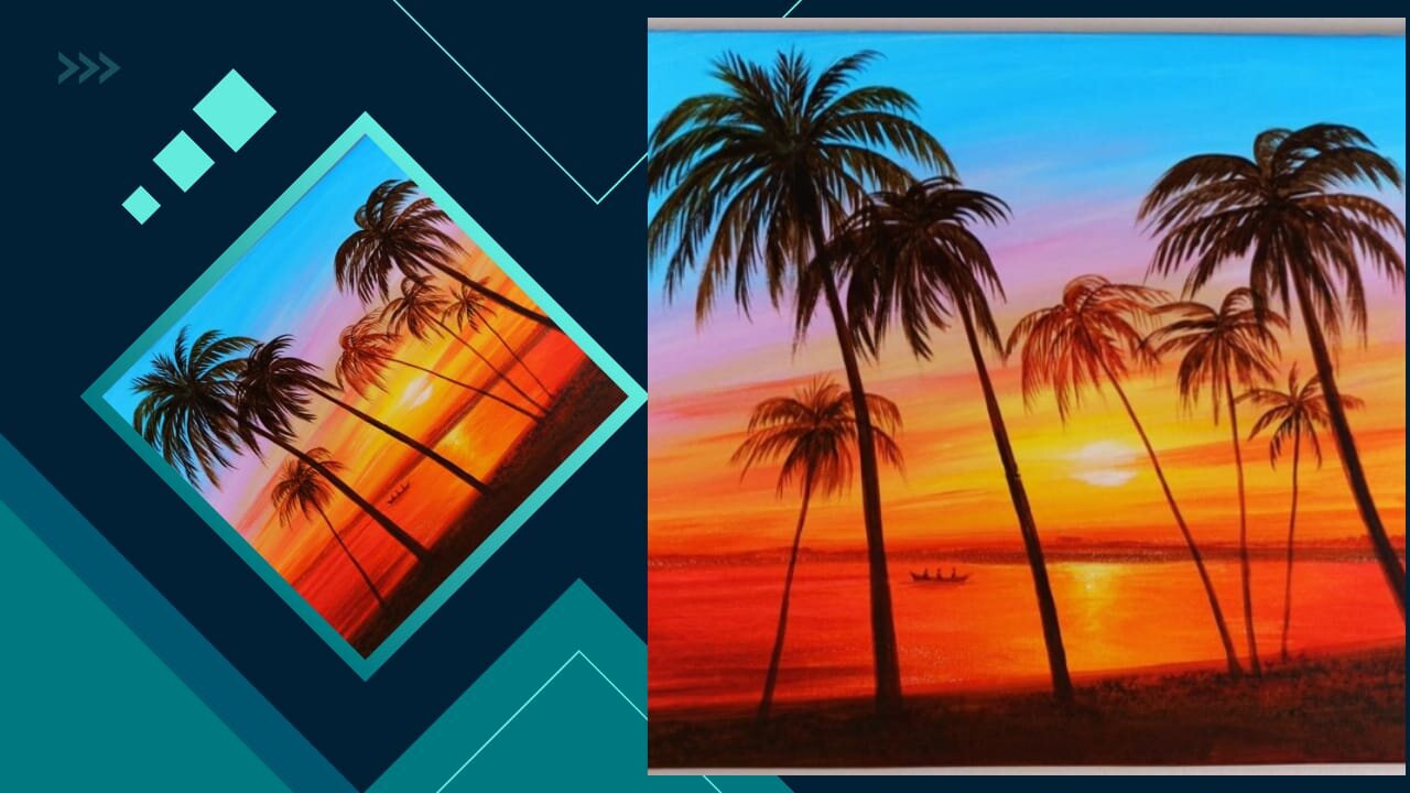 Sunset Beach Painting | Tropical Beach I Sunset Acrylic Painting For Beginners