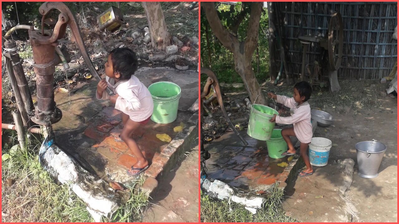The child is having fun washing his feet and it is so much fun to watch