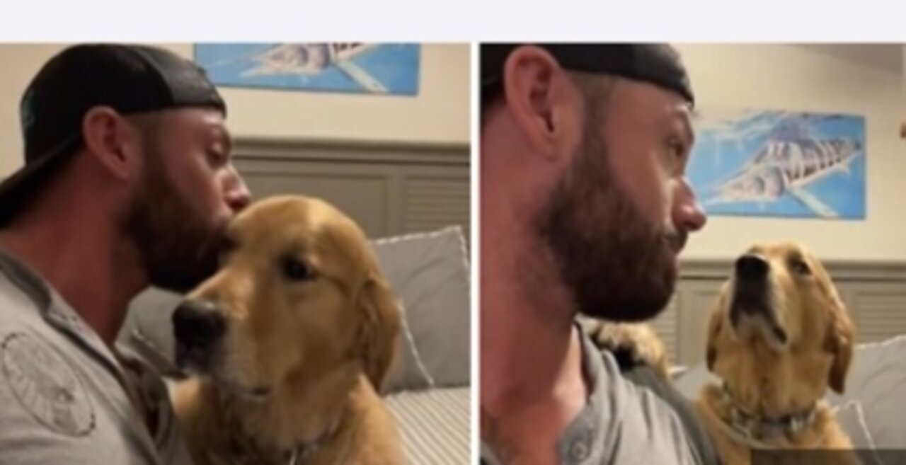 Man records dogs reaction of there kissing him on the