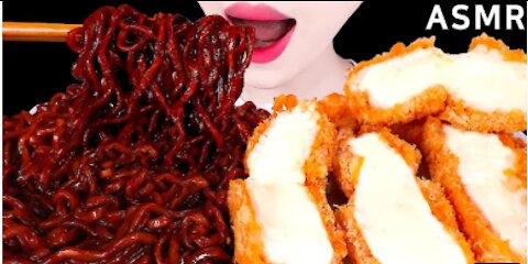 ASMR SPICY FIRE BLACK BEAN NOODLES, CHEESE PORK CUTLET EATING SOUNDS MUKBANG
