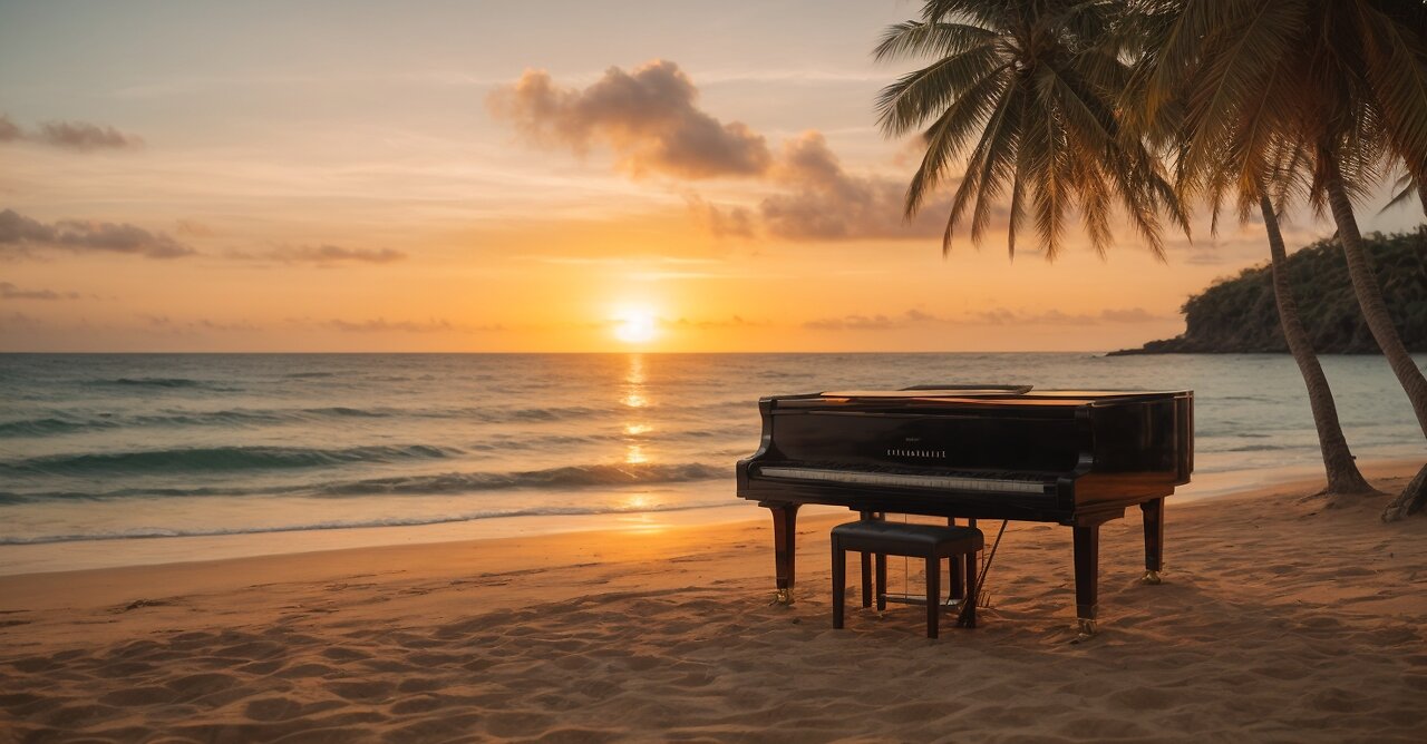 Island sunset with soft waves Piano and String Music