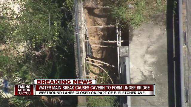 Water main break forms cavern on Fletcher bridge