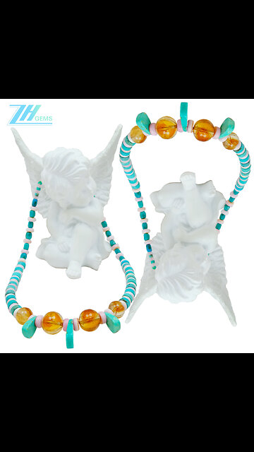 Natural turquoise Citrine Princess spiny oyster Rose Quartz gemStone necklace full strand 16inch