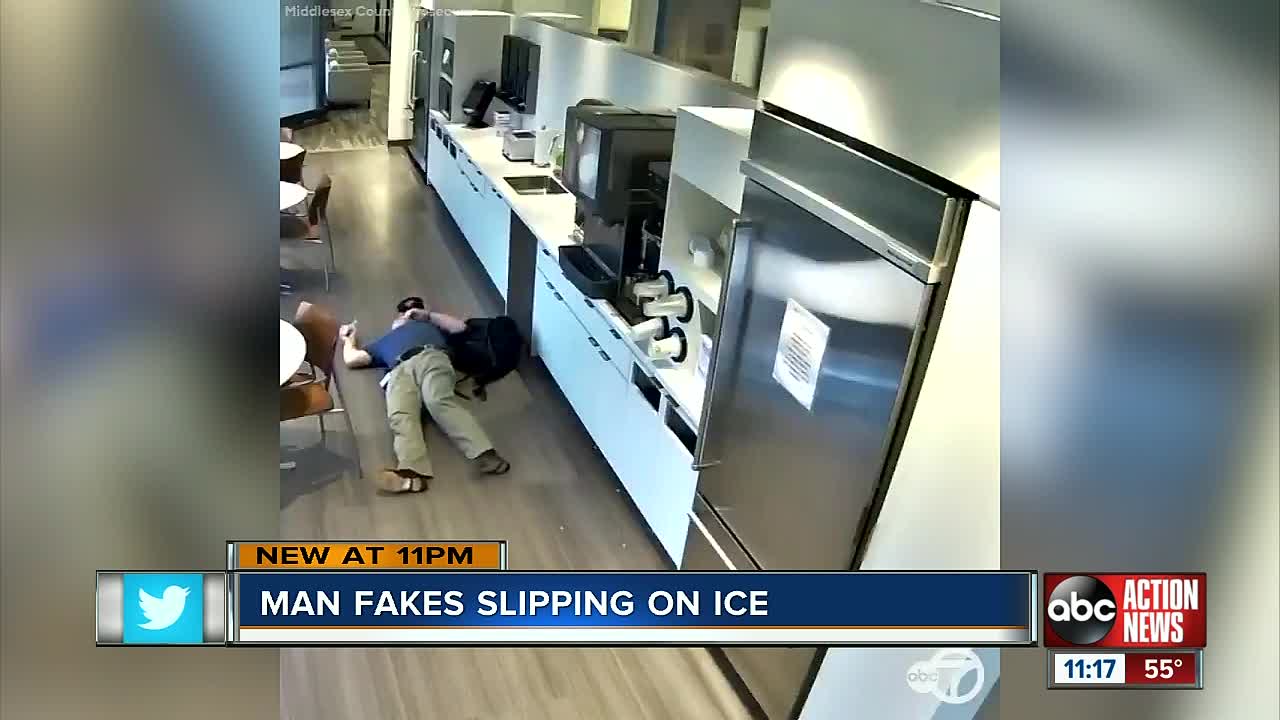 VIDEO: Man accused of faking slip and fall in office cafeteria