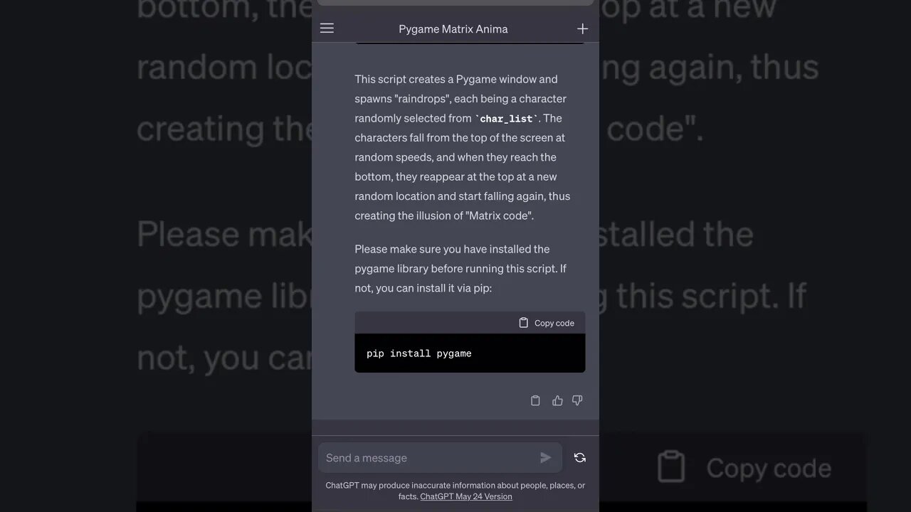 ChatGPT creates matrix falling code using Python's pygame
